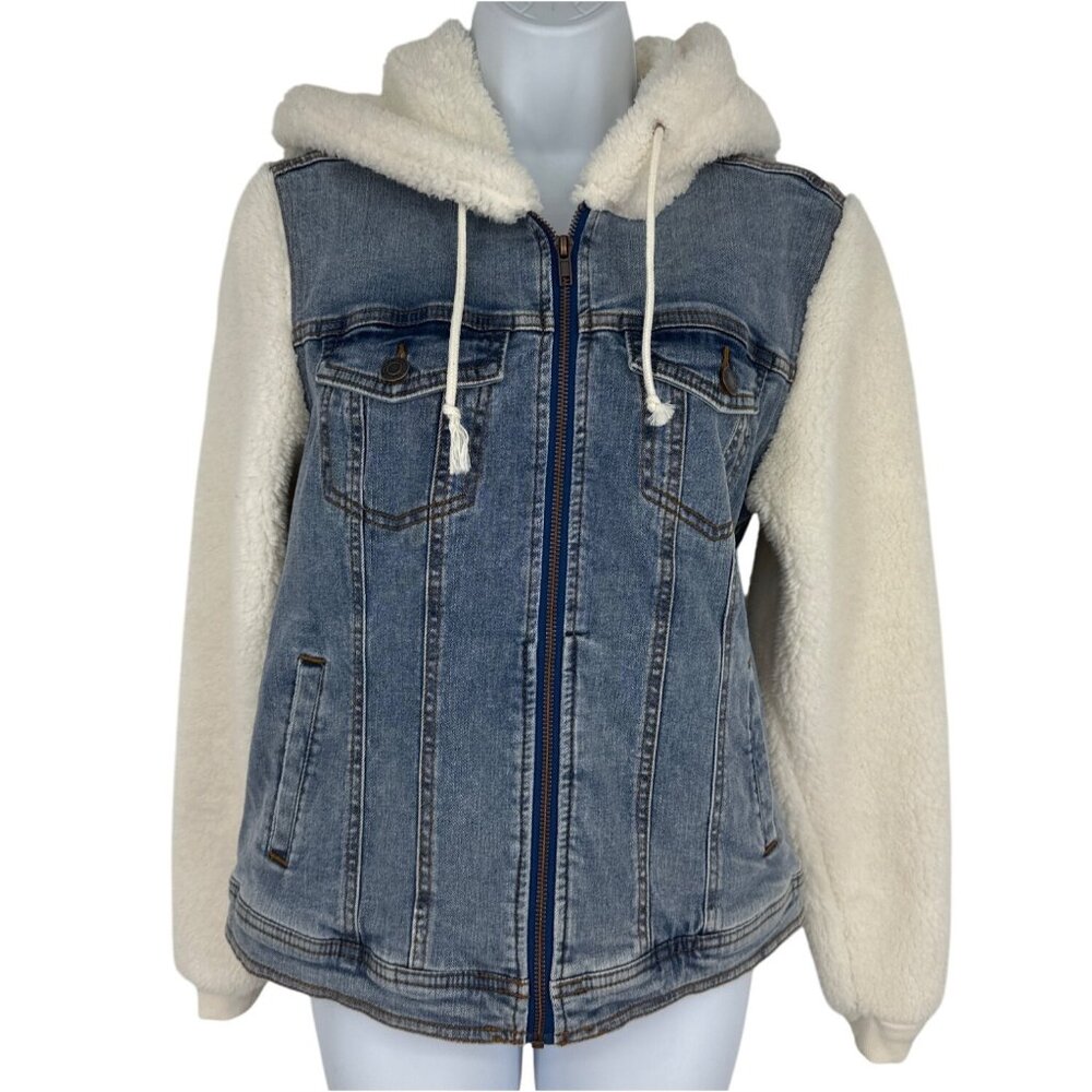 Maurices Womens Sherpa Lined Denim Jacket W/ Hood & Zip Closure Size S